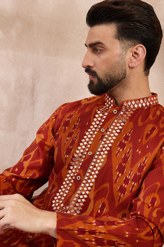 Orange Silk Blend Chevron Printed Straight Kurta MKU1964