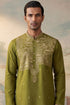 Ethnic Bay Mens Green Silk Blend Solid Emboidered Straight Kurta MKU2373