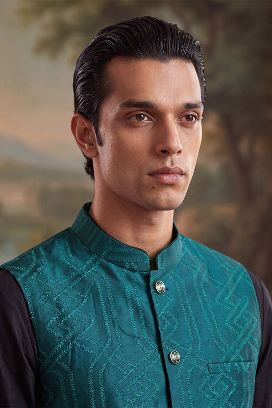 Ethnic Bay Mens Green Jacquard Woven Design Solid Koti MKOT1044