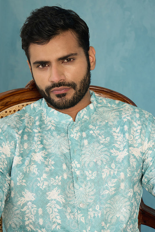 Ethnic Bay Mens Teal Viscose Rayon Embroidered Calf Length Straight Regular Kurta MKU1765