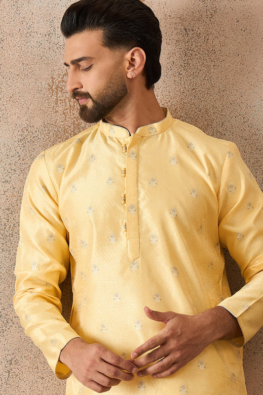 Ethnic Bay Mens Yellow Silk Blend Floral Straight Kurta MKU2216