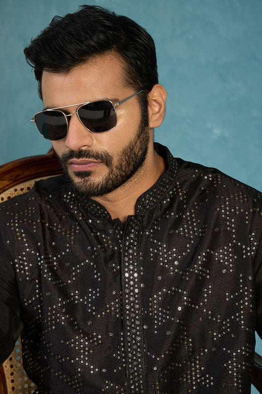 Ethnic Bay Silk Blend Black Solid Embroidered Calf Length Straight Kurta MKU2128