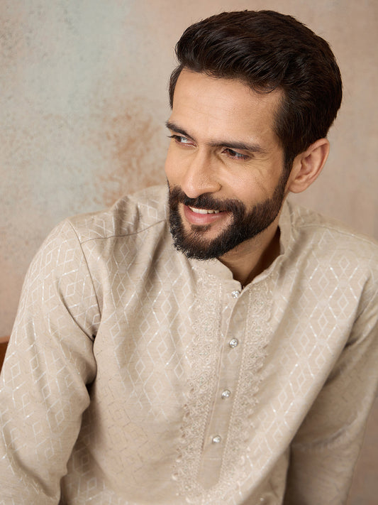 Ethnic Bay Mens Peach Linen Blend Geometric Woven Design Kurta With Trouser MKSET2364