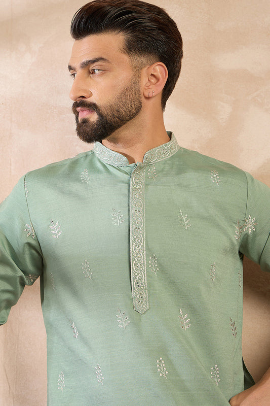 Green Silk Blend Solid Embroidered Straight Kurta MKU1783