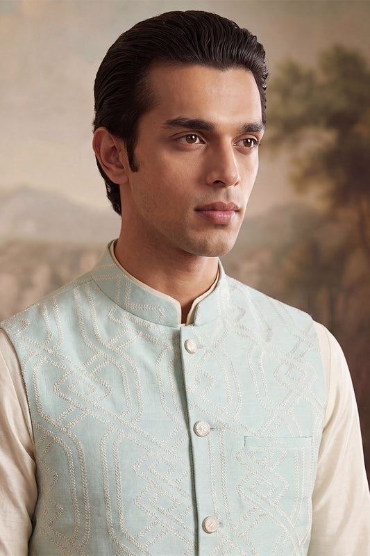 Ethnic Bay Mens Blue Jacquard Woven Design Solid Koti MKOT1041