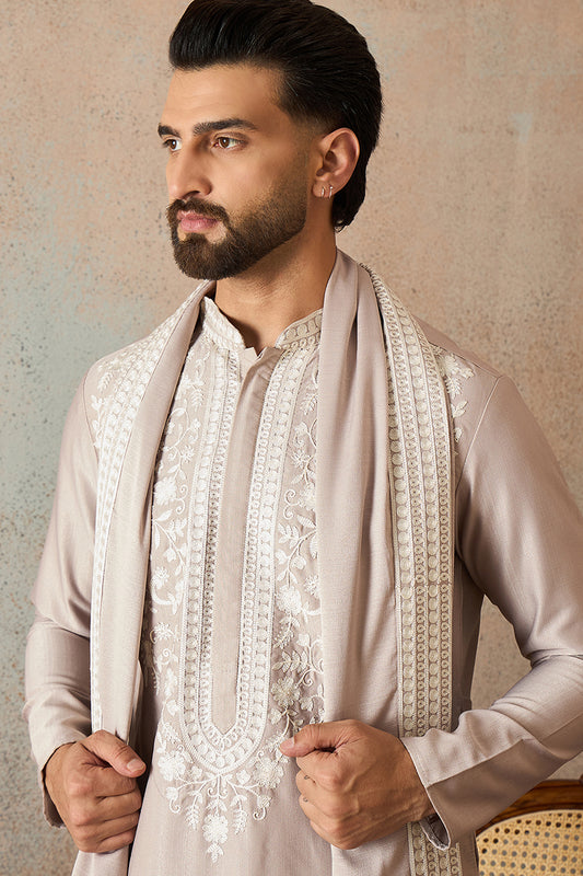 Ethnic Bay Mens Beige Silk Blend Solid Embroidered Kurta Trouser With Dupatta MKPD1042