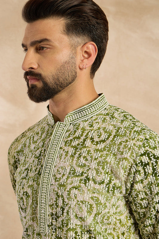 Green Viscose Rayon Batik Embroidered Straight Kurta With Trouser MKSET1717
