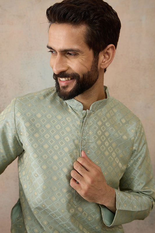 Ethnic Bay Mens Teal Jacquard Ethnic Motifs Embroidered Kurta With Trouser MKSET2240