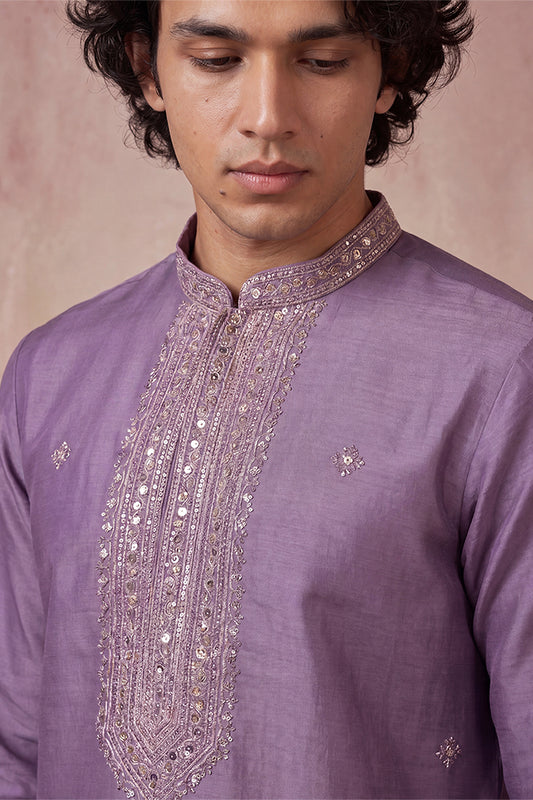 Ethnic Bay Mens Lavender Silk Blend Solid Emboidered Sequins Kurta MKU2277