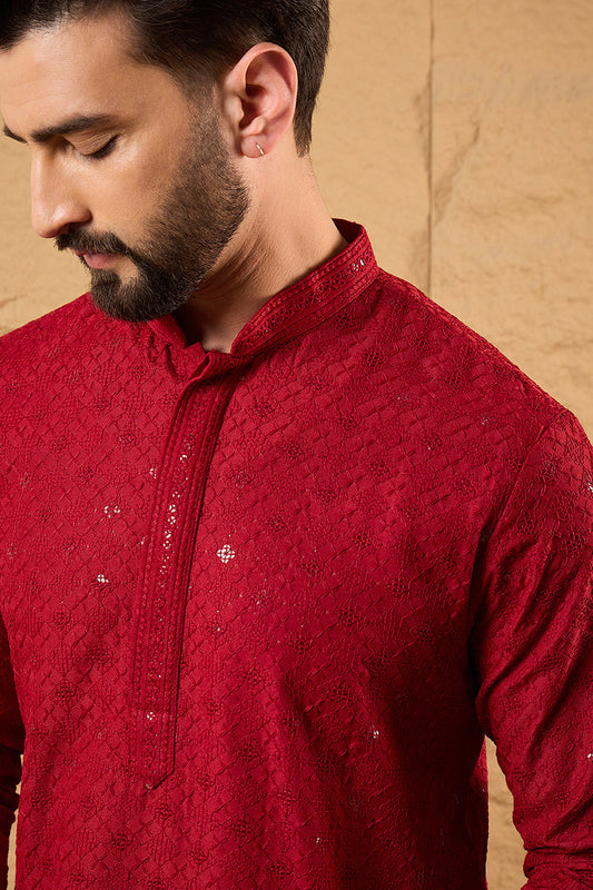 Maroon Rayon Blend Solid Embroidered Straight Kurta