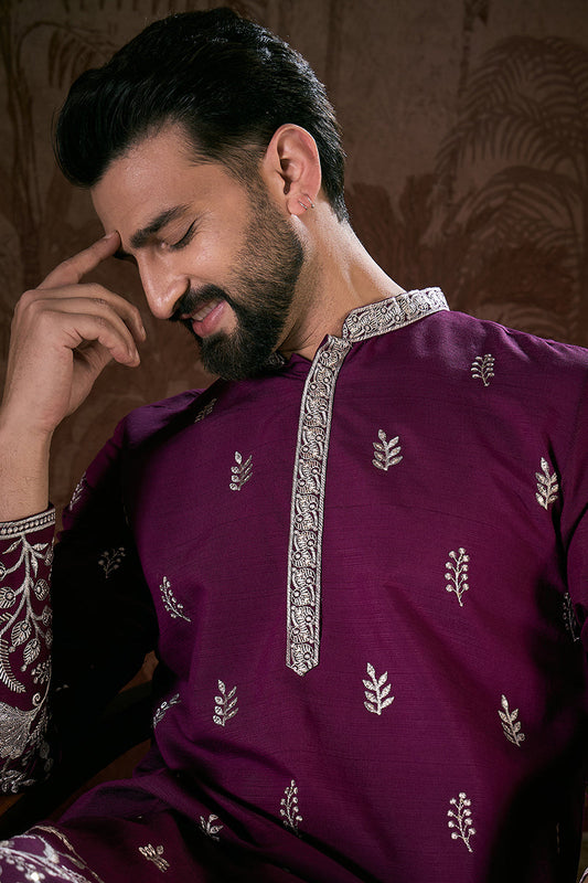Purple Silk Blend Solid Embroidered Straight Kurta MKU1944