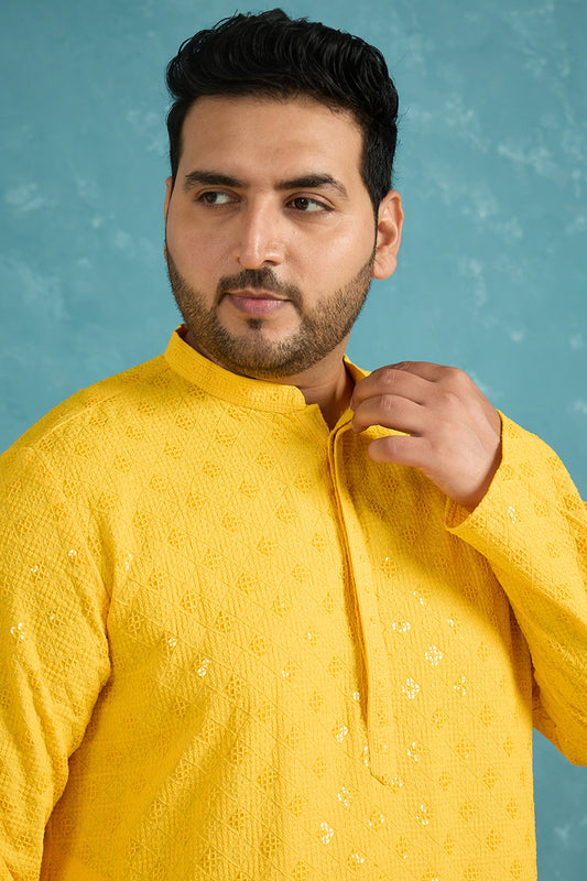 Ethnic Bay Mens Mustard Viscose Rayon Solid Chikankari Embroidered Kurta MKU1010YLW