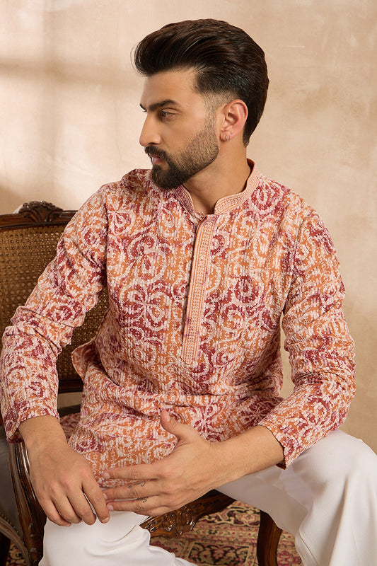 Orange Viscose Rayon Batik Embroidered Straight Kurta With Trouser MKSET1719