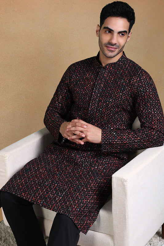 Ethnic Bay Black Viscose Rayon Ethnic Motifs Embroidered Straight Kurta For Men MKU1013BLK