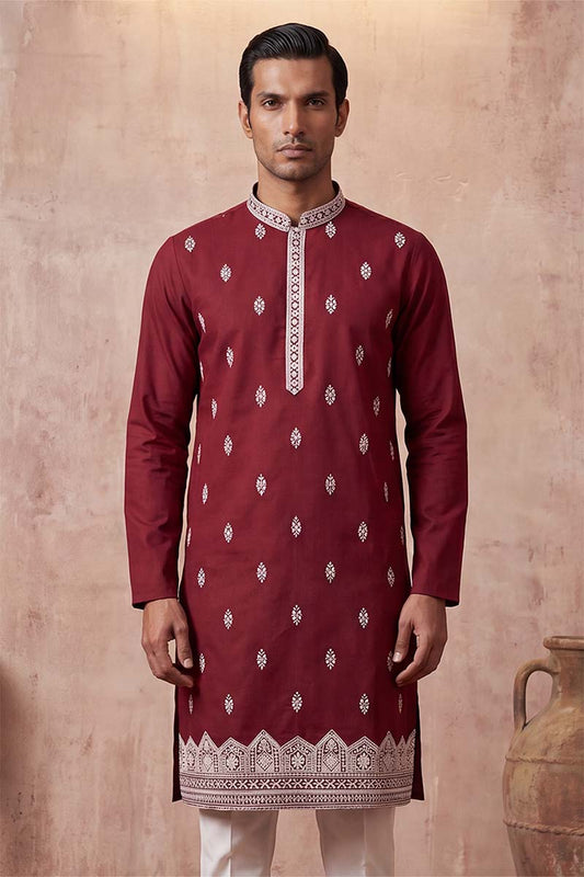 Ethnic Bay Silk Blend Maroon Solid Embroidered Calf Length Straight Kurta With Trousers MKSET2270