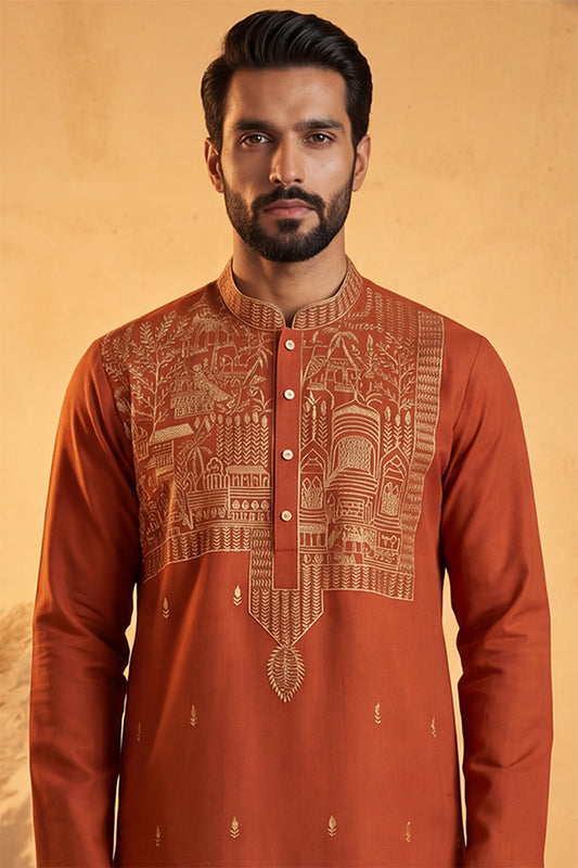 Ethnic Bay Mens Orange Silk Blend Solid Emboidered Straight Kurta With Trouser MKSET2372