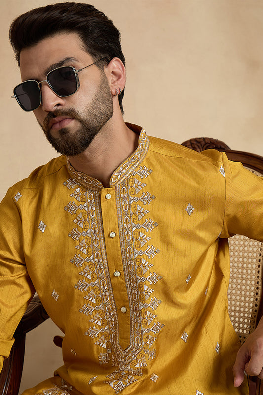 Ethnic Bay Mens Yellow Silk Blend Solid Embroidered Straight Kurta With Trouser MKSET2525