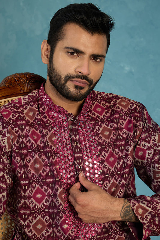 Ethnic Bay Mens Purple Silk Blend Ethnic Motifs Ikat Printed Kurta MKU1895