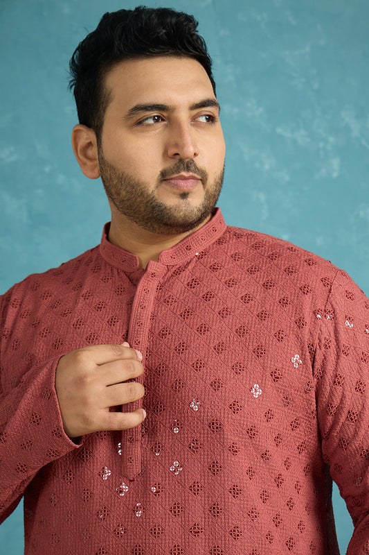 Ethnic Bay Mens Red Viscose Rayon Solid Chikankari Embroidered Kurta MKU1057