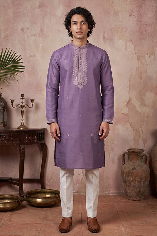 Ethnic Bay Mens Lavender Silk Blend Solid Emboidered Sequins Kurta MKU2277