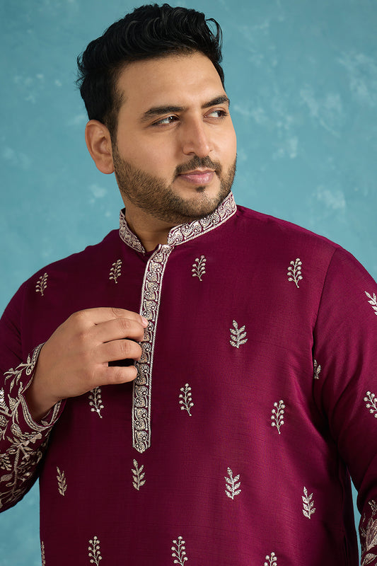 Ethnic Bay Mens Purple Silk Blend Solid Thread Work Embroidered Kurta MKU1944