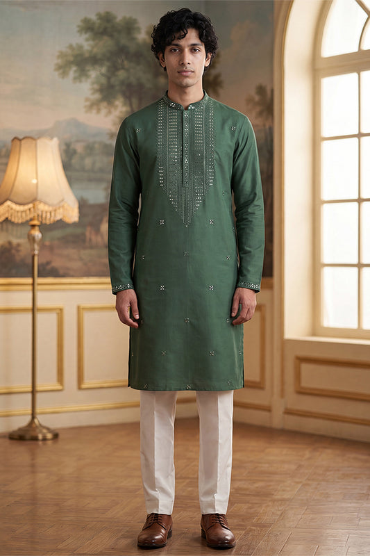 Ethnic Bay Mens Green Silk Blend Solid Emboidered Sequins Kurta With Trouser MKSET2279