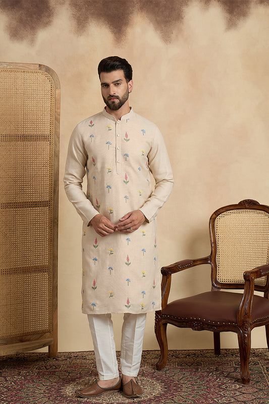 Ethnic Bay Mens Beige Linen Solid Embroidered Thread Work Kurta MKU2462