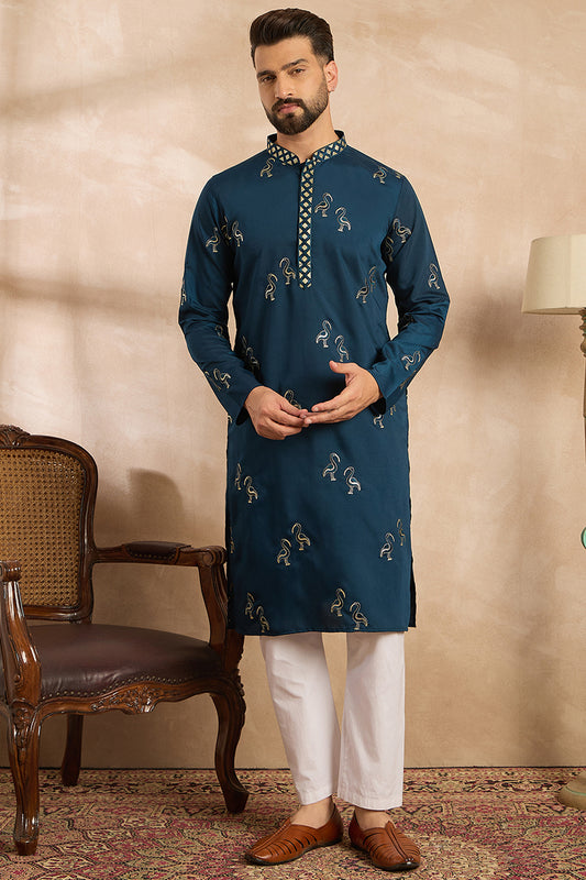 Navy Blue Silk Blend Solid Embroidered Straight Kurta MKU1816