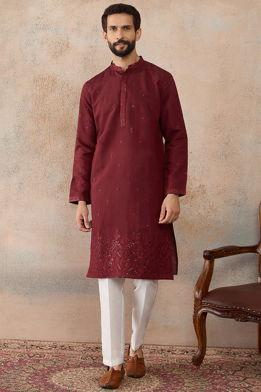Ethnic Bay Mens Maroon Silk Blend Solid Emboidered Straight Kurta MKU2289