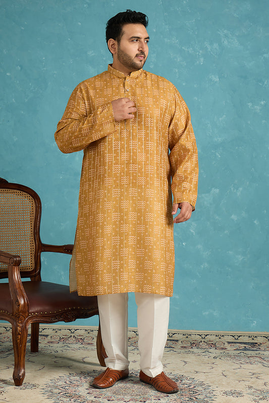 Ethnic Bay Mens Mustard Silk Blend Ethnic Motifs  Zari Printed Kurta MKU1926