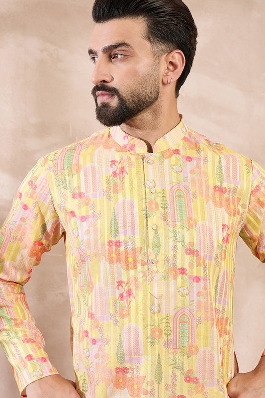 Yellow Silk Blend Abstract Printed Straight Kurta With Trouser MKSET2013