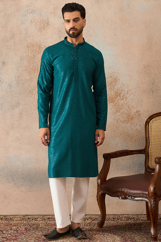 Ethnic Bay Turquoise Blue  Rayon  Embroidered Straight Kurta With Trousers MKSET2184