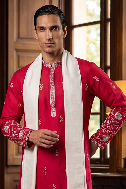 Ethnic Bay Men Pink Silk Blend Solid Embroidered Straight Kurta with Dupatta MKUD1943