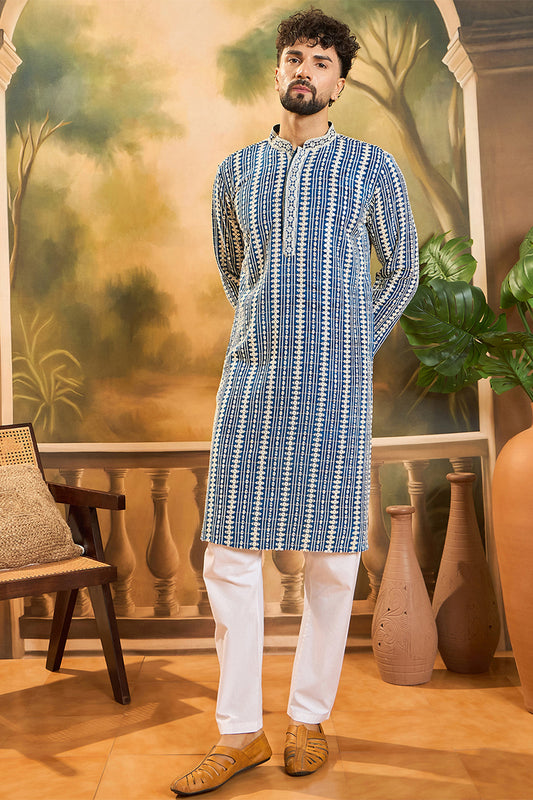 Ethnic Bay Blue Viscose Rayon Embroidered Straight Kurta With Trousers MKSET1412
