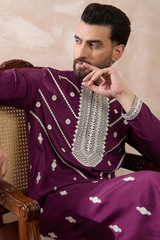 Ethnic Bay Purple Silk Embroidered Mandarin Collar Straight Kurta MKU1789