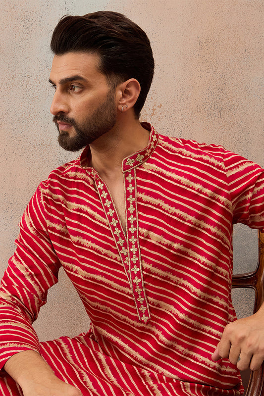 Ethnic Bay Mens Pink Viscose Rayon Leheriya Printed Kurta MKU2760