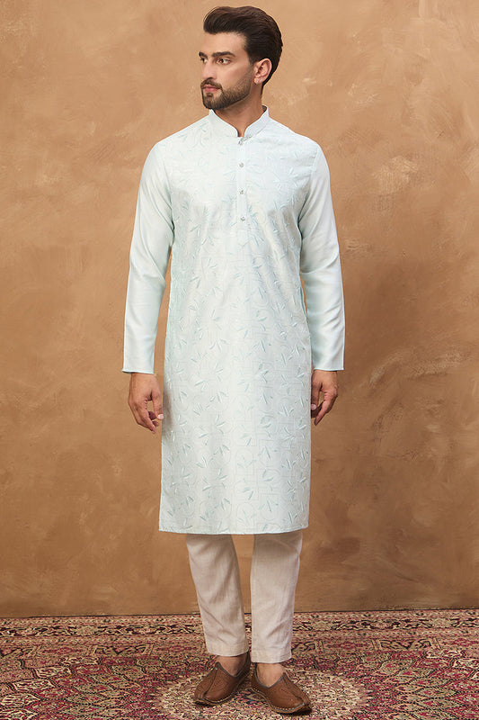 Blue Silk Blend Solid Embroidered Straight Kurta MKU1446