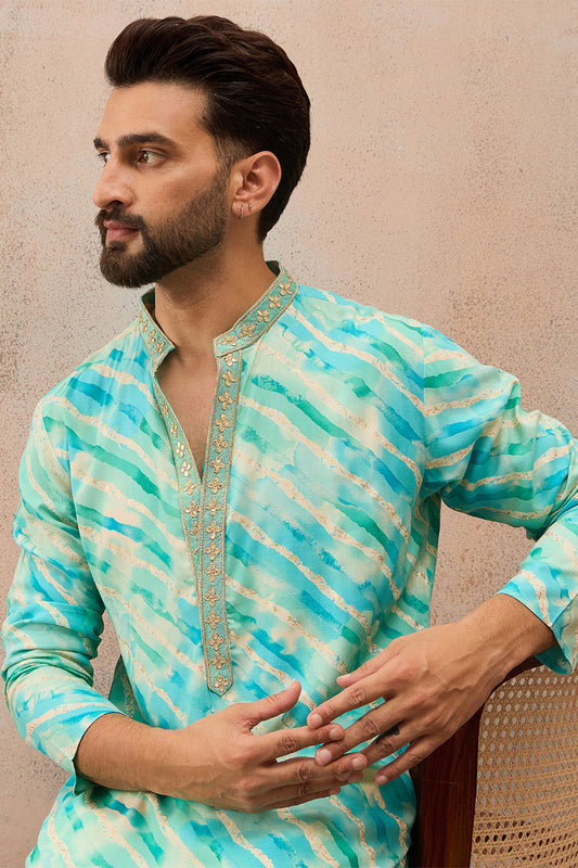 Ethnic Bay Mens Turquoise Blue Viscose Rayon Leheriya Printed Kurta MKU2761