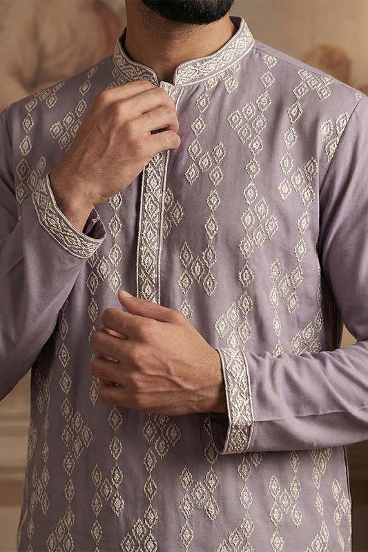 Ethnic Bay Silk Blend Lavender Solid Embroidered Calf Length Straight Kurta MKU2090