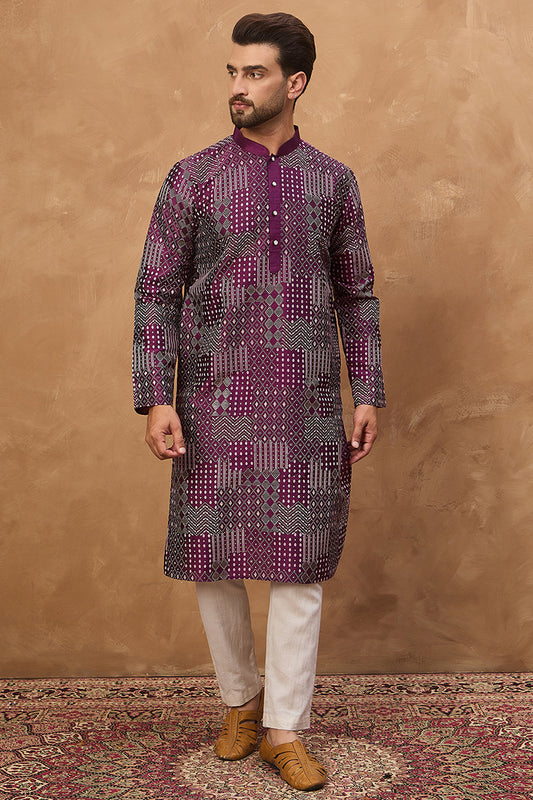 Purple Silk Blend Geometric Printed Straight Kurta MKU1529