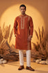 Ethnic Bay Mens Orange Silk Blend Solid Emboidered Straight Kurta With Trouser MKSET2371