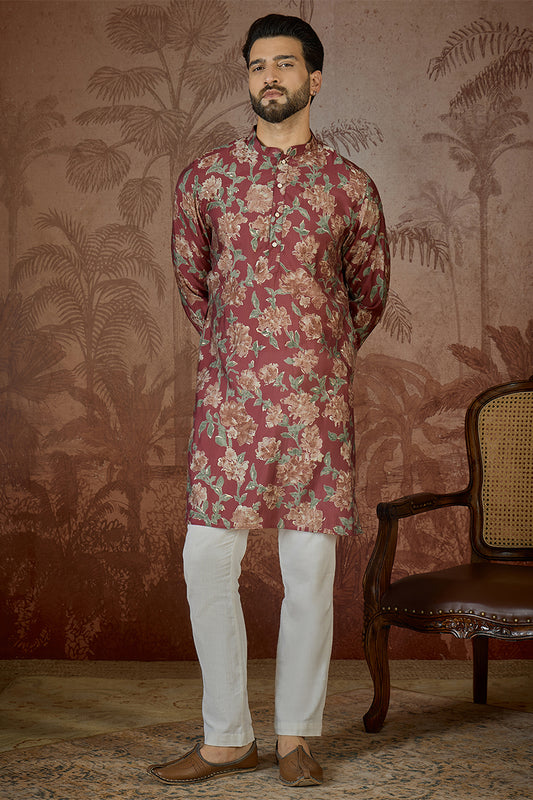 Ethnic Bay Mens Maroon Silk Blend Floral Printed Kurta MKU2541