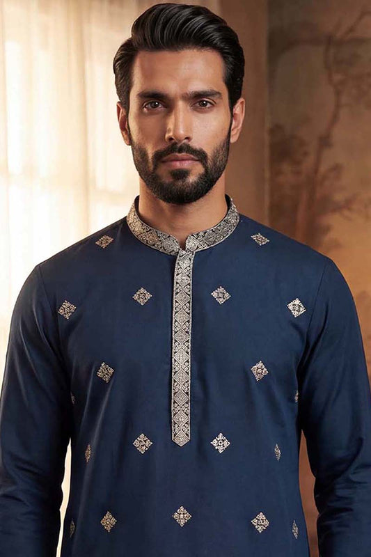 Ethnic Bay Silk Blend Blue Solid Embroidered Calf Length Straight Kurta With Trousers MKSET2099