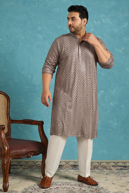 Ethnic Bay Mens Grey Viscose Rayon Solid Thread Work Embroidered Kurta MKU1202