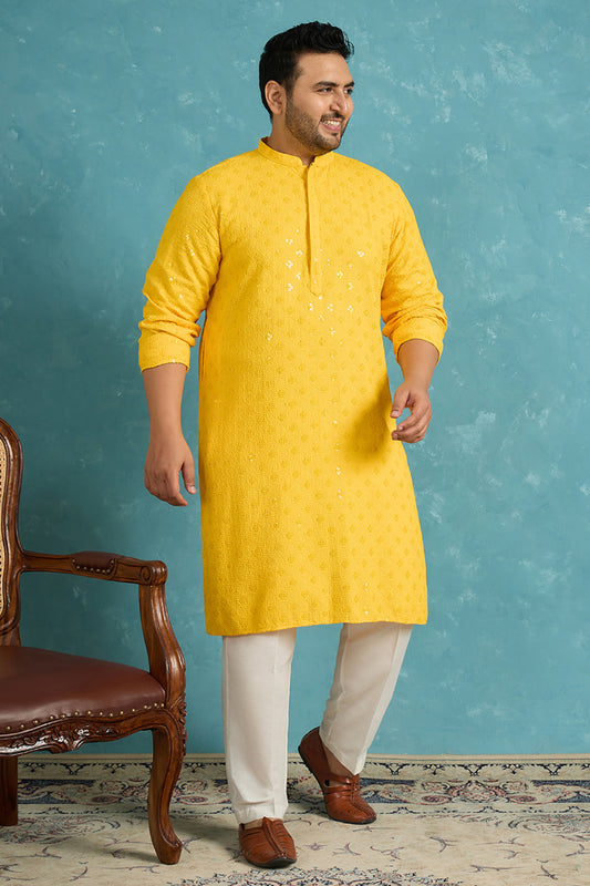 Ethnic Bay Mens Mustard Viscose Rayon Solid Chikankari Embroidered Kurta MKU1010YLW