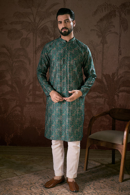 Sea Green Silk Blend Ethnic Motifs Printed Straight Kurta With Trouser MKSET1927