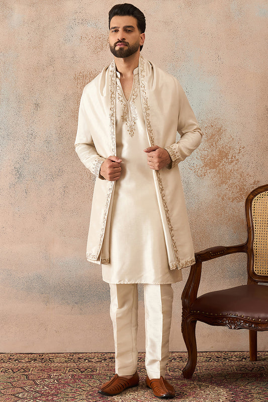 Ethnic Bay Mens Off White Silk Blend Solid Embroidered Kurta & Trouser With Dupatta MKPD1021