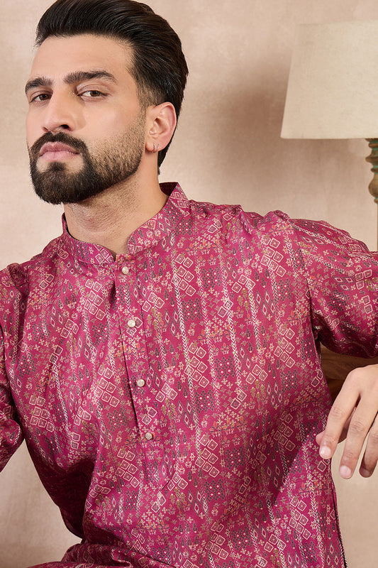 Pink Silk Blend Ethnic Motifs Printed Straight Kurta With Trouser MKSET1997