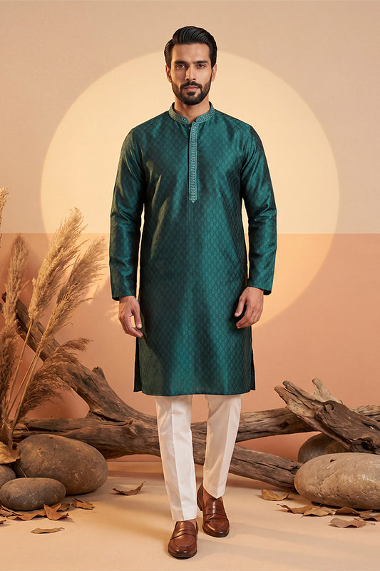 Ethnic Bay Mens Green Silk Blend Woven Design Straight Kurta With Trouser MKSET1838