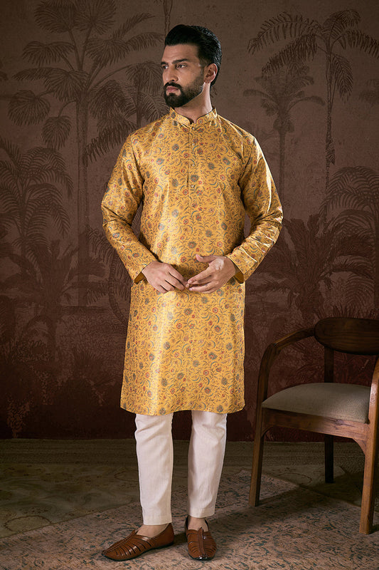 Yellow Silk Blend Floral Printed Straight Kurta With Trouser MKSET1946